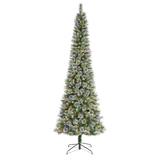 Glitzhome® 9ft Pre-Lit Frosted Cashmere Pencil Pine Artificial Christmas Tree, Warm White, Multicolor C3 Clear LED Lights , 38.5" x 38.5" x 108" ,